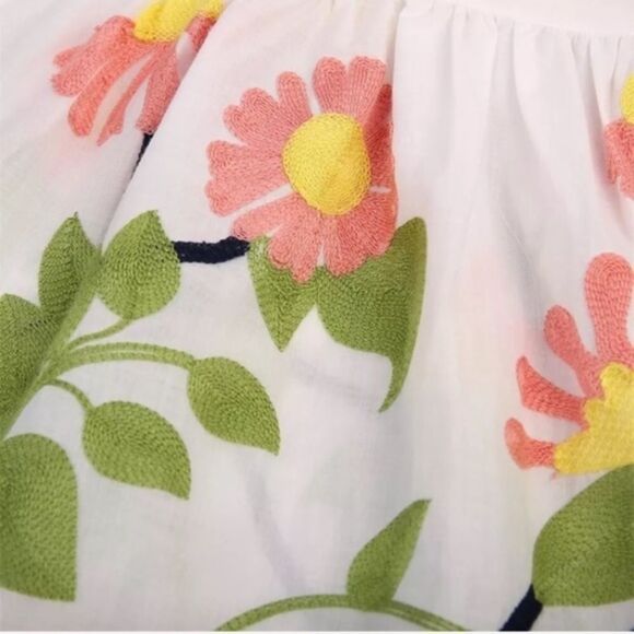 Cotton Dress With Embroidered Flowers Ruffle Collar Large Bow at Small of Back - Picture 8 of 8